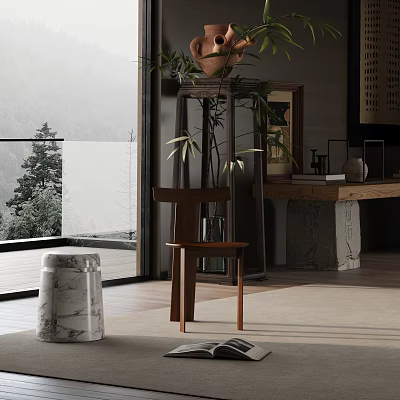 Modern Leisure Chair With Wooden Frame In Indoor Space Featuring Green Plants And Scenic View 3d model