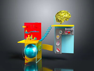 Abstract Scenic Landscape Featuring Red Blue Structures Yellow Brain Globe And Staircase 3d model