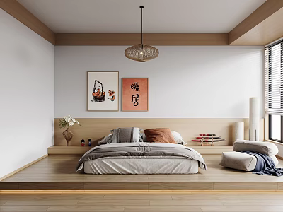 Japanese Style Bedroom Interior With Tatami Bed Wooden Floor And Decorative Paintings 3d model