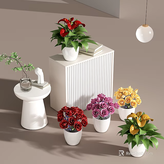 Decorative Indoor Flower Arrangement With Red Calla Lilies Roses Green Plants In White Pots 3d model 