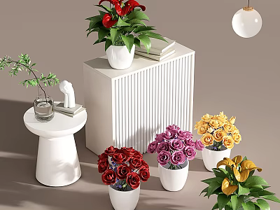 Decorative Indoor Flower Arrangement With Red Calla Lilies Roses Green Plants In White Pots 3d model