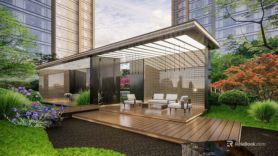 Modern Pergola With Wooden Deck Leisure Seats And Greenery In Urban Landscape 3d model 