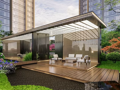 Modern Pergola With Wooden Deck Leisure Seats And Greenery In Urban Landscape 3d model