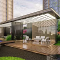 Modern Pergola With Wooden Deck Leisure Seats And Greenery In Urban Landscape