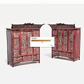 Red Wooden Decorative Cabinets With Intricate Carvings And Ornate Tops