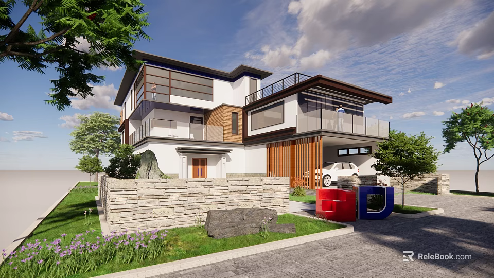 Modern Detached Villa Exterior With Balcony Terrace Greenery Car And Stone Wall 3d model 