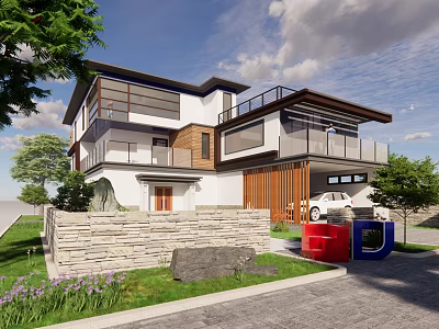 Modern Detached Villa Exterior With Balcony Terrace Greenery Car And Stone Wall 3d model