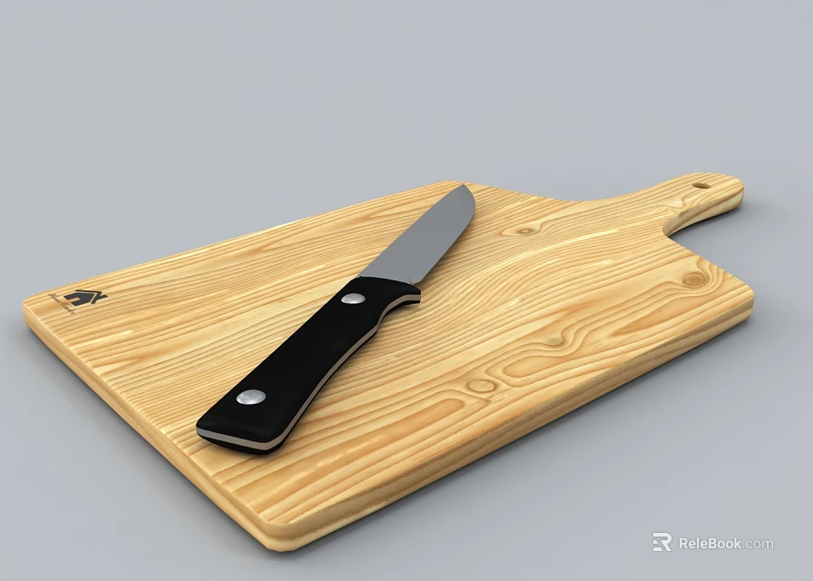 Wooden Cutting Board with Sharp Kitchen Knife for Home Cooking Use 3d model 