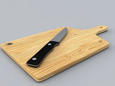 Wooden Cutting Board with Sharp Kitchen Knife for Home Cooking Use 3d model