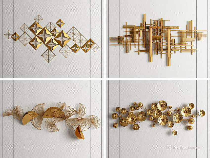 Golden Modern Wall Decor With Geometric Shapes Abstract Lines And Floral Patterns 3d model 