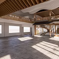 Spacious Modern Exhibition Hall With Wooden Ceiling Double Story Spiral Staircase And Large Windows
