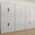 Four Simple White Bookcases With Doors And Metal Handles On Wooden Floor