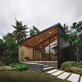 Modern Single Family House With Glass Walls Wooden Roof Palm Trees And Stone Pathway