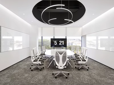 Modern Conference Room Interior With Circular Ceiling Lights Wall Whiteboards Large Screen And White Chairs 3d model