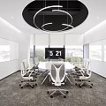 Modern Conference Room Interior With Circular Ceiling Lights Wall Whiteboards Large Screen And White Chairs