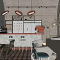 Chic Restaurant Interior With Concrete Walls Arched Windows Red Chimney And Circular Floor
