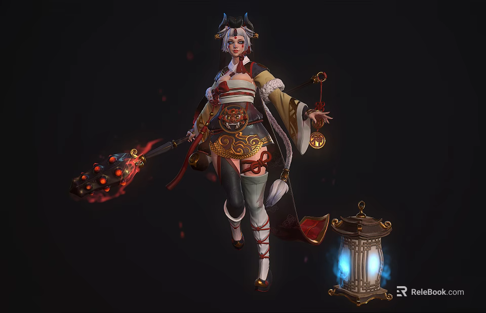 Game And Movie Character In Traditional Outfit With Ornate Headdress Flame Weapon And Glowing Lantern 3d model 