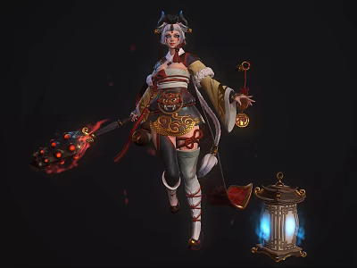 Game And Movie Character In Traditional Outfit With Ornate Headdress Flame Weapon And Glowing Lantern 3d model