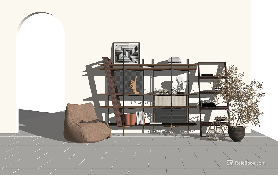 Modern Stylish Shelving Unit In Room With Decorative Items And Potted Plant 3d model 