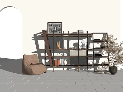 Modern Stylish Shelving Unit In Room With Decorative Items And Potted Plant 3d model