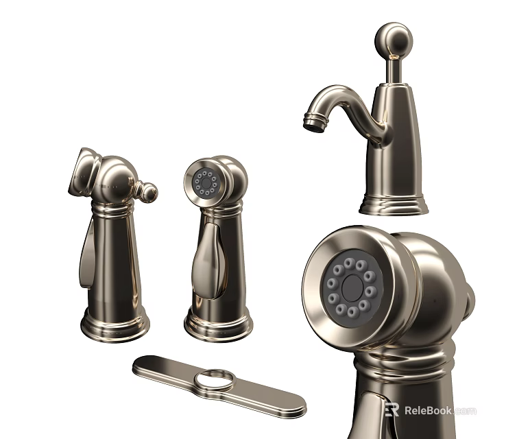 Modern Bathroom Faucet Set With Brushed Nickel Handles And Sprayer Components 3d model 