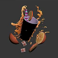 Refreshing Purple Cup Drink With Splashing Orange Liquid Orange Slices Ice Cubes And Striped Straw