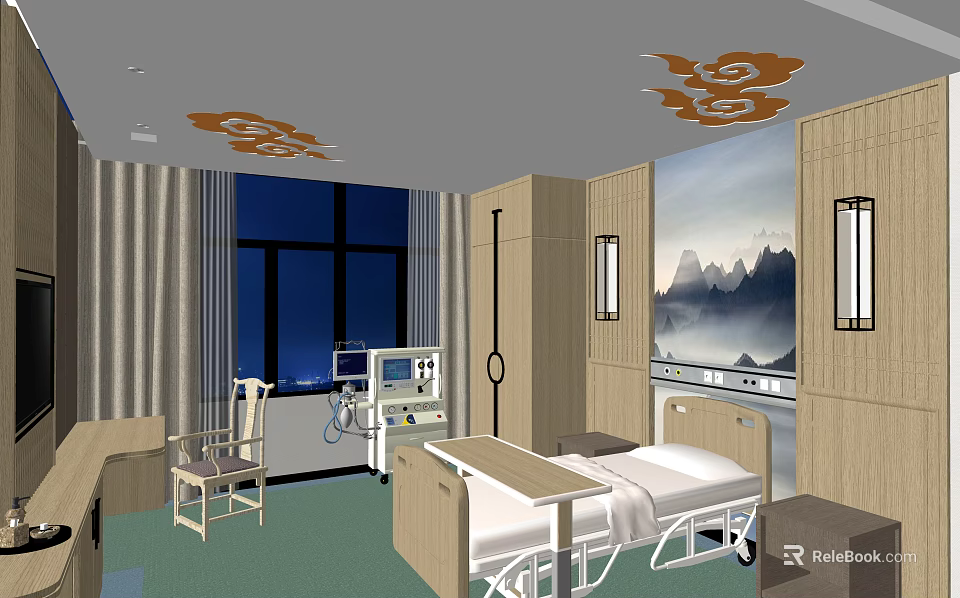 Modern Hospital Room Interior With Medical Equipment Bed Window Mountain Painting And Ceiling Lights 3d model 