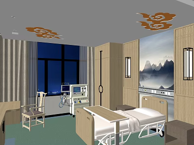 Modern Hospital Room Interior With Medical Equipment Bed Window Mountain Painting And Ceiling Lights 3d model