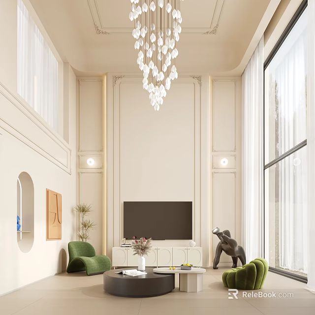 Elegant Loft Living Room With High Ceiling Crystal Chandelier And Green Chairs 3d model 