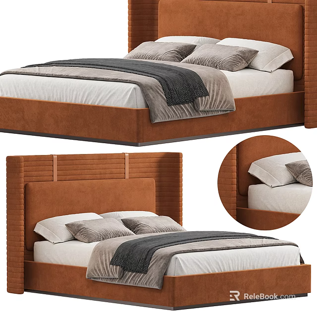 Modern Double Bed With Brown Upholstered Paneled Headboard White Sheets Gray Blanket And Pillows 3d model 