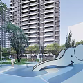 Modern High Rise Residential Landscape With Wooden Lattice Walkway Entrance Area And Greenery Pathway