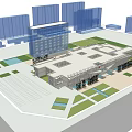 Modern Hospital Building Exterior With Red Cross Sign Water Pools And Greenery