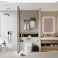 Modern Bathroom Interior With Shower Toilet Vanity Mirror And Storage Shelves