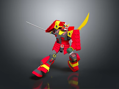 Red And Yellow Toy Robot Figure With Sword And Mecha Design 3d model
