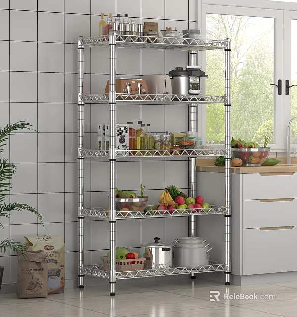 Multi Tiered Metal Kitchen Storage Rack Organizing Pots Fruits Vegetables And Spices In Modern Kitchen 3d model 