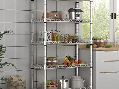 Multi Tiered Metal Kitchen Storage Rack Organizing Pots Fruits Vegetables And Spices In Modern Kitchen 3d model