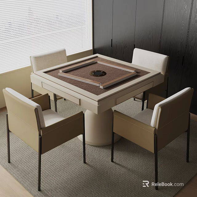 Modern Entertainment Table with Central Circular Design and Four Beige Chairs in Minimalist Style 3d model 