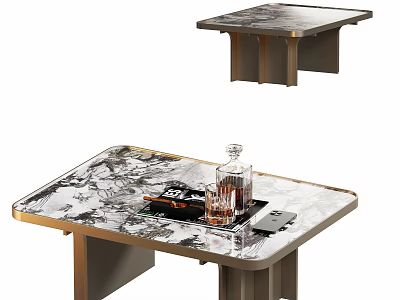 Modern Marble Coffee Table with Gold Frame Grey Legs and Decorative Tray 3d model
