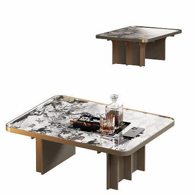 Modern Marble Coffee Table with Gold Frame Grey Legs and Decorative Tray 3d model
