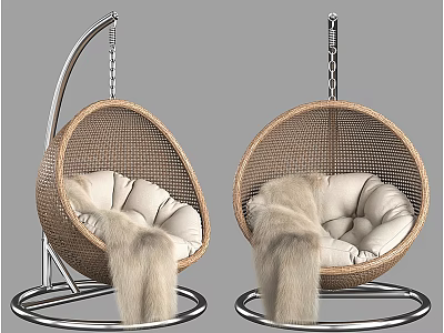 Wicker Hanging Hammock Chair With Round Shape Soft Cushions Metal Stand And Fur Throw 3d model