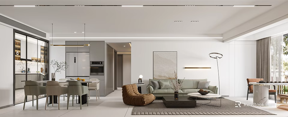 Modern Living Dining Area Interior With Light Grey Sofa Dining Chairs And Wall Art 3d model