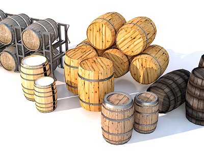 Wooden Barrels of Various Sizes Stacked and Placed on Rack with Different Styles 3d model