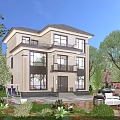 Two Story Detached Villa With Balcony Courtyard Greenery And Outdoor Seating Area