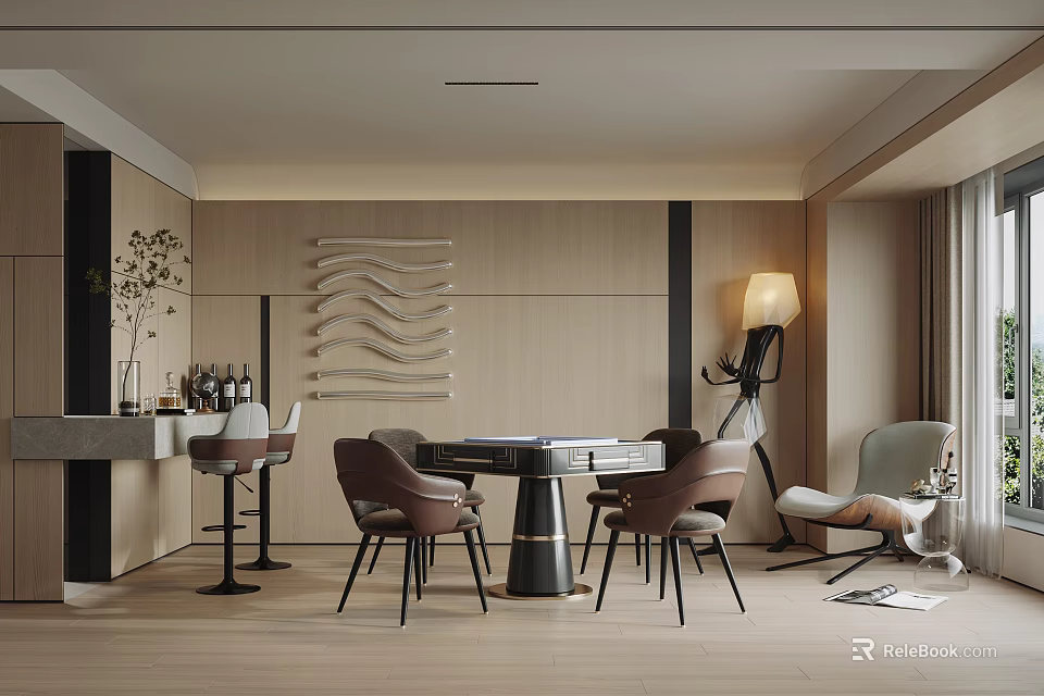 Hotel Mahjong Room Interior Design With Modern Comfortable Chairs Mahjong Table And Elegant Decor 3d model 