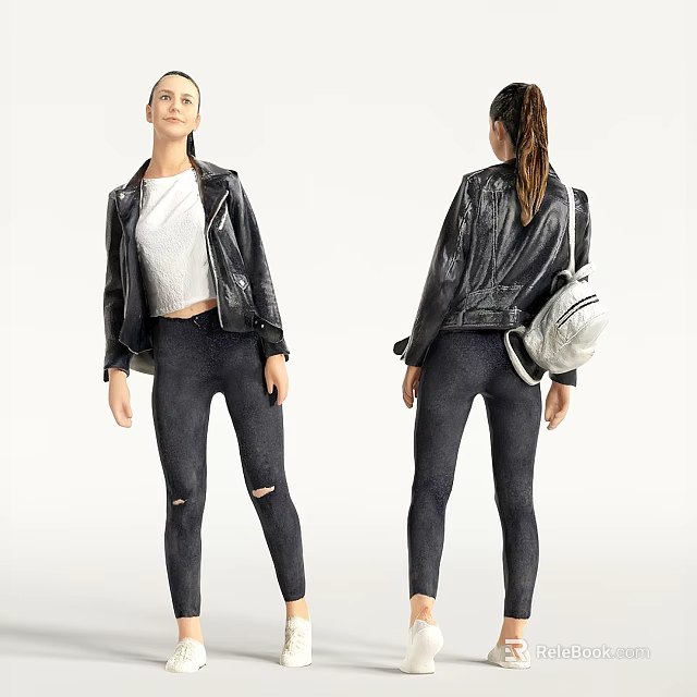 Woman in Black Leather Jacket White Top and Ripped Jeans with Backpack Front Back Views 3d model 