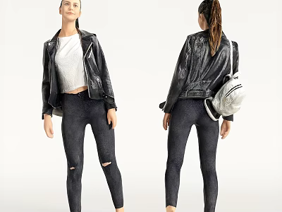 Woman in Black Leather Jacket White Top and Ripped Jeans with Backpack Front Back Views 3d model