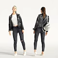 Woman in Black Leather Jacket White Top and Ripped Jeans with Backpack Front Back Views
