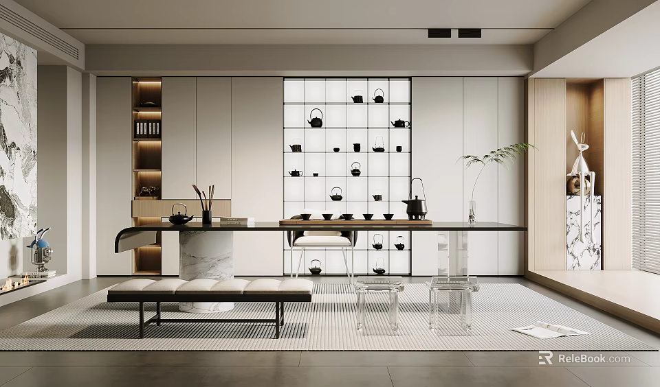 Minimalist Tea Room With Teapot Display Wall Long Marble Table Transparent Chairs And Green Plant 3d model 