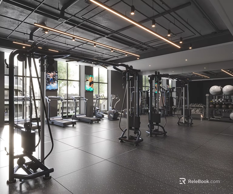 Spacious Gym Interior With Modern Fitness Equipment 3d model 