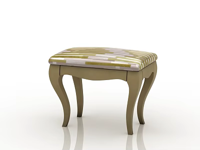 Elegant Upholstered Stool With Striped Pattern And Curved Wooden Legs 3d model